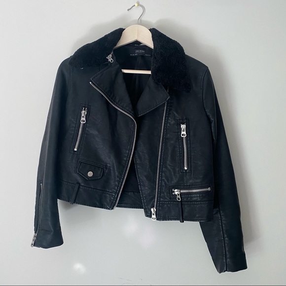 Zara Black Faux Fur Leather Aviator Cropped Jacket Size Large - Picture 2 of 11